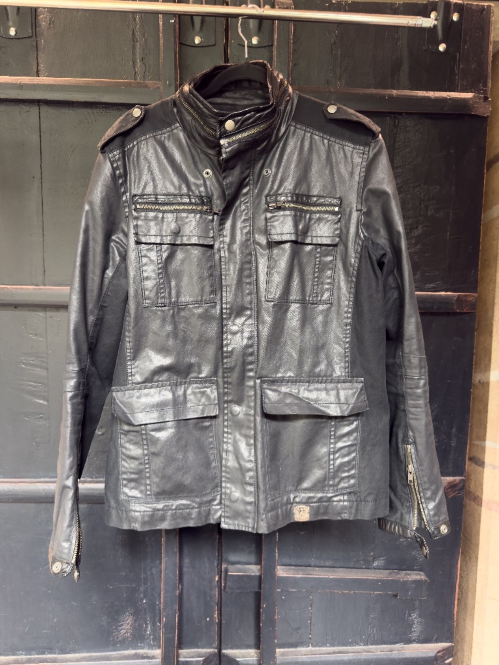 Diesel Men's Black Coated Cotton Military Field Jacket with Leather Trim, Size L